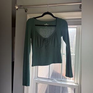Hollister Dark Green Ribbed Long-Sleeve Scoop-Neck Tie Top
